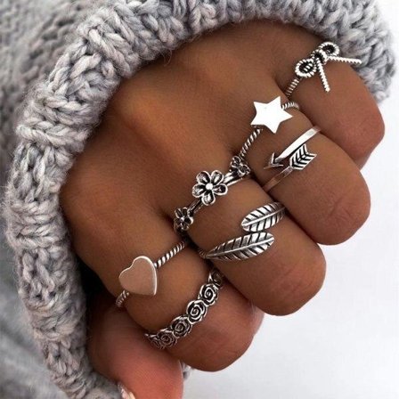 Kpop Punk Love Heart Ring Set Personlighet Vintage Silver Färg Geometrisk kedja Fingerringar för kvinnor Mode smycken Party Present
