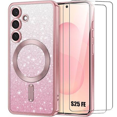 Skyddsfodral - BOOLING - Samsung Galaxy S25 FE - Glitterrosa Magnetisk Ring - 2 Glas