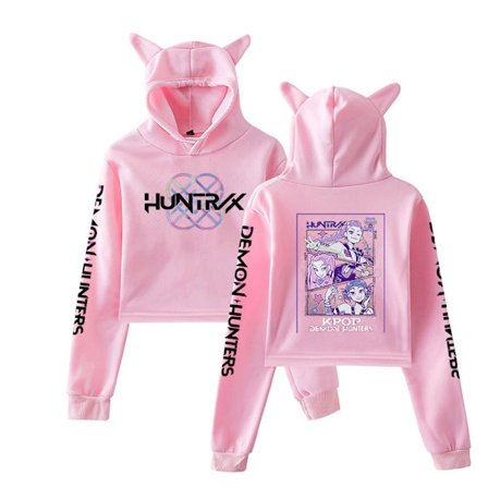 Kpop Demon Hunters Cropped Trøjer Katteører Sweatshirt Langærmet Piger Mode Hættetrøje Pink 3