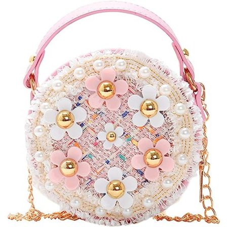 Liten jente toddler crossbody veske med perleblomster mini søt prinsesse tote veske skulder kjede veske, A-rosa, reise lommebok