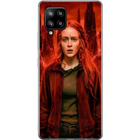 Kompatibelt Mobilskal till Samsung Samsung Galaxy A42 5G Porträtt av en ung kvinna med rött hår i en apokalyptisk landskap, röda blixtar och mörk