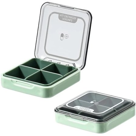 Liten pilleboks, BPA-fri pilleeske med 4 store rom for oppbevaring av vitaminer, fuktbestandig bærbar pilleboks organiser