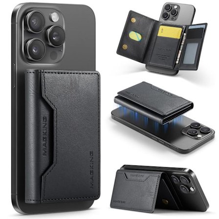 Kompatibel med Magsafe-lommebok, vegansk skinn, for iPhone-lommebokstativ, kompatibel med iPhone 17/16/15/14/13/12 Pro Max Plus-serien (svart)