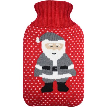 Varmtvandsflaske med strikket betræk, 2L stor varmtvandspose, rød & grå julemandstema strikket isolator - Vinter