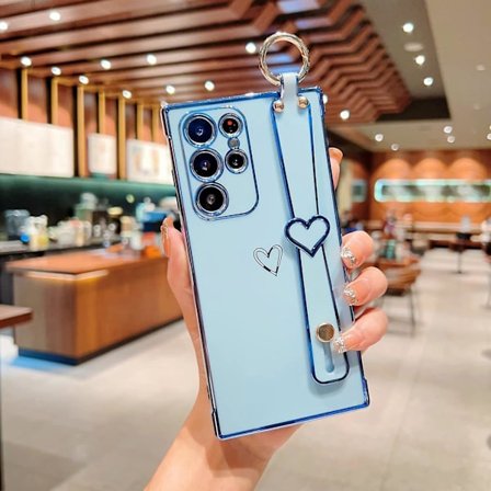 For Samsung Galaxy S24 Ultra deksel med håndleddsstropp kickstand, Love Hearts mønster plating kant myk Tpu støtsikker deksel for kvinner