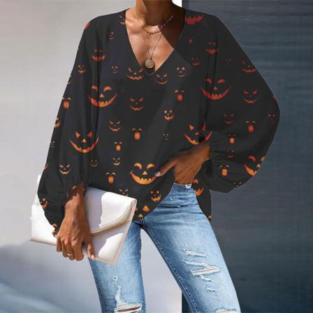 Kvinnor Pumpa Print Toppar Printed Långärmad Vneck T-shirt