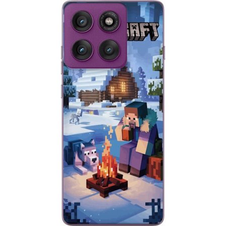 Kompatibelt Mobilskal till Motorola Edge 60 Pro Minecraft vintermotiv med Steve, varg, lägereld och snöig stuga spelinspirerad illustration perfekt