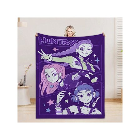 K-Pop Demon Hunters Kat Flanel Tæppe – Blødt Trykt Kast til Sofa, Soveværelse, Rejse (100×150 cm)