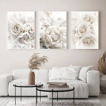 Set med 3 premium-affischer vita blommor, vardagsrumsdekoration, utan ram