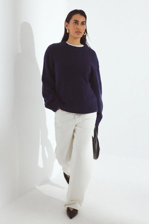 Janka Polliani x NA-KD Pull en maille de laine mélangée à encolure ronde - Pulls - Bleu Marine - XL