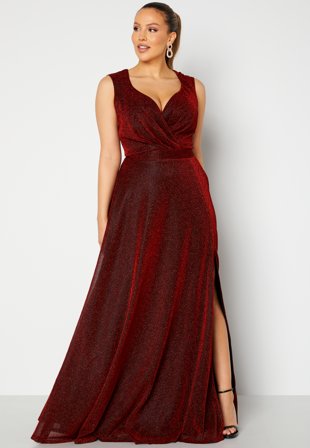 Goddiva Curve Glitter Wrap Front Maxi Curve Dress With Split Red Klær