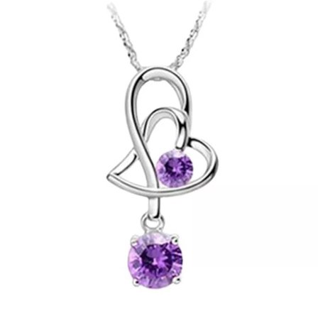 Heart shaped necklace - silver color with purple rhinestone