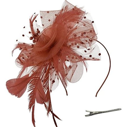 Polkaprikkede hovedbeklædning med fjer og perler (kaffe), blomst mesh bånd Fjer pandebånd Gaffel clips Cocktail te party hovedbeklædning 