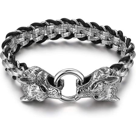 Herre Heilwiy Retro Bred Læderarmbånd i Rustfrit Stål, Punk Rock Dobbelt Dranehoved