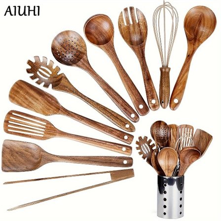 1-pakkaus Keittiövälinesetti pidikkeellä, puiset keittiövälineet ruoanlaittoon, puiset välineet luonnolliset tiikkipuiset lusikat ruoanlaittoon, 