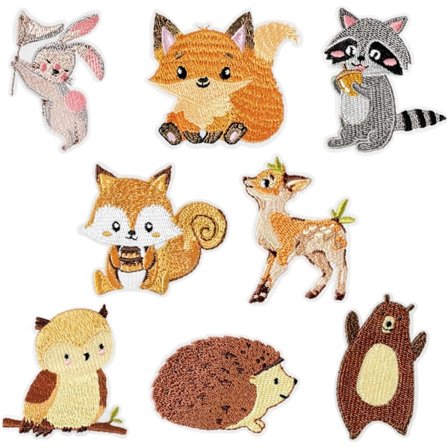 8 stk. Skovdyr Strygemærker Søde Ræv Egern Vaskebjørn Pindsvin Sy på Reparation Broderet Applikation Vild Jungle Safari Baby Shower Skov Crea