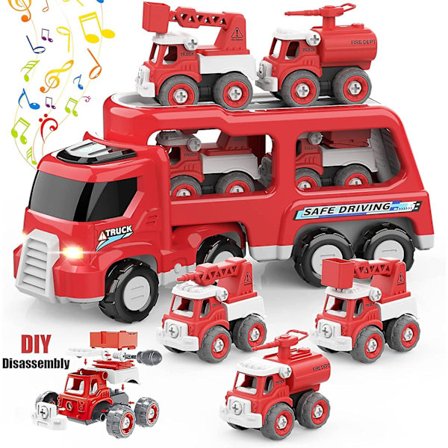 Brandbil Legetøjsbiler til 3 4 5 6 årige drenge småbørn, DIY 5 i 1 Friktionsdrevet Biltransport Trailer, Julefødselsdagsgaver til børn, Konstruktion