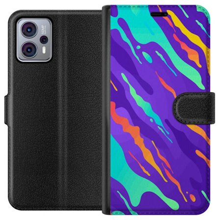 Kompatibel Tegnebogsetui til Motorola Moto G23 Farverigt abstrakt mønster med flydende former i lilla, turkis, gult og orange.