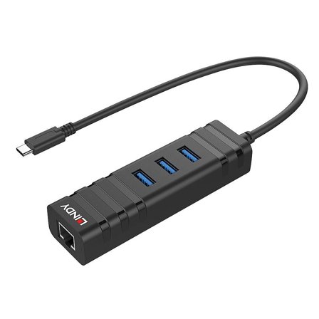 Lindy USB 3.2 Type C Hub & Gigabit Ethernet Converter - nettverks/USB-adapter - USB 3.2 Gen 1 - Gigabit Ethernet x 1 + USB 3.2 x 3