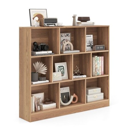 COSTWAY 3-vånings bokhylla-120x24x104 CM-10 Öppna förvaringslådor-Anti-tiltsats-Max kapacitet 170 KG-Naturlig