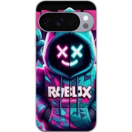 Kompatibelt Mobildeksel til Google Pixel 10 Pro Roblox neon hettegenserfigur med en maskert karakter i blå og rosa neonfarger, og gir en tydelig cyber