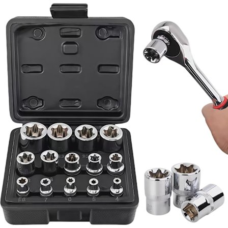 14-delars Torx E-hylsnyckelsats, 1/2", 1/4", 3/8", Extern, E4-E24 Torx E-hylsor i CR-V, Skruvutdragare och mer.