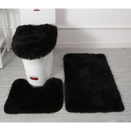 Myke baderomsmatter i mikrofiber, 3-delt sett, badematte + konturmatte + toalettsetetrekk, sklisikre baderomsmatter med PVC-punktflanellbakside