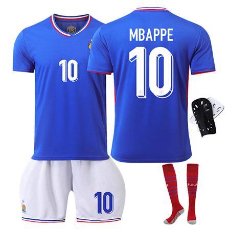 2024 EM Frankrikes landslagströja nr 10 Mbappe fotbollströja 7 Griezmann 9 Giroud 11 Bailey kostym No. 10 strumpor + skyddsutrustning No. 10 socks + 