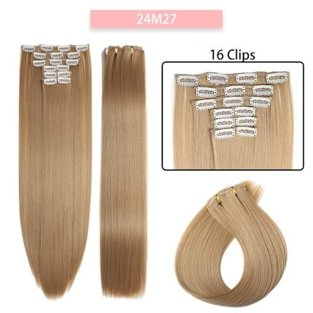 24 tum 16 clips i syntetiskt hårförlängning Lång rak frisyr Syntetbrun Svart hårstrån Värmebeständigt löshår