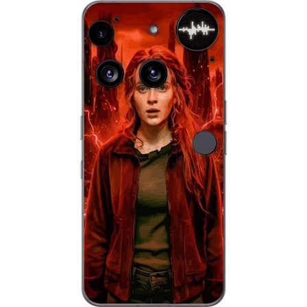 Kompatibelt Mobilskal till Nothing Phone (3) Porträtt av en ung kvinna med rött hår i en apokalyptisk landskap, röda blixtar och mörka klippforma