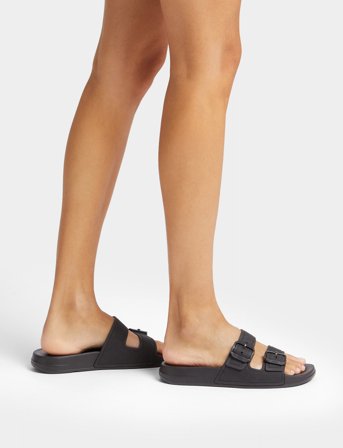 FitFlop Iqushion Two-Bar Buckle Slides - Black - 36