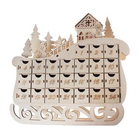 Sleigh Träadventskalender Nedräkning Julfest Dekorationer 24 Lådor med LED-Ljus Ornament Beige
