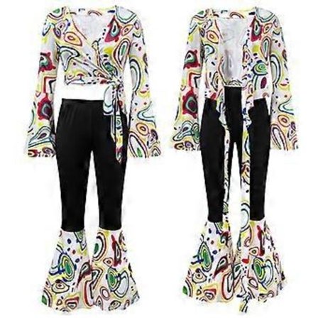 70-tals Långärmad Tryckt Disco Kostym Dam Halloween Scenframträdande Set (M)_yux