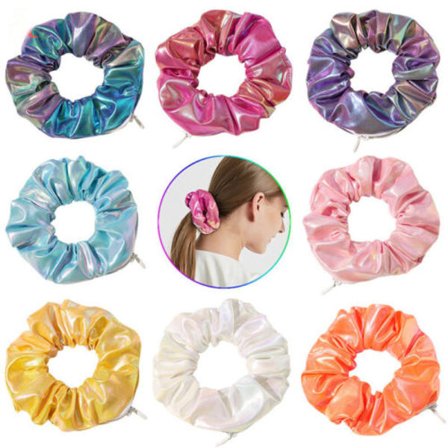 Gradient Color Laser Cloth Scrunchie Creative Hairband Hair Ring With Zip Pocket