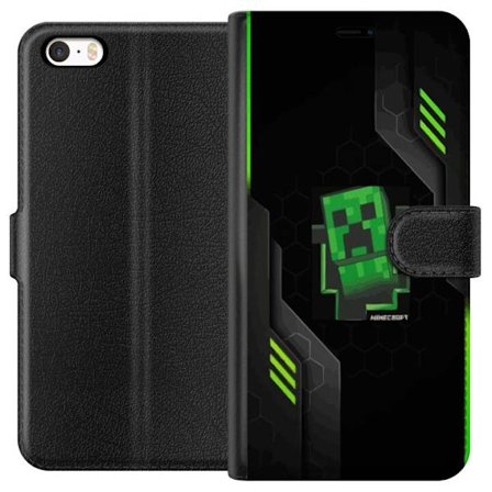 Kompatibelt Lommeboketui til Apple Apple iPhone 5s Grønn pikselbasert creeper-lignende spillillustrasjon med futuristiske neoninnslag og mørk tech b