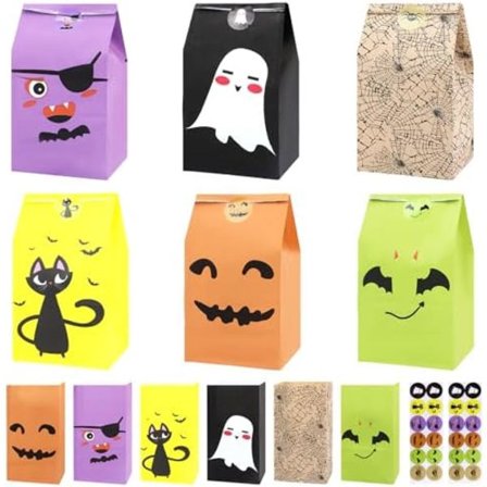 24-pack Halloween Godis Present Papperspåsar - Bus eller Godis-påsar för Barnkalas med 24 Klistermärken, 6 Stilar Mini Platta Botten Papper Godispåsar