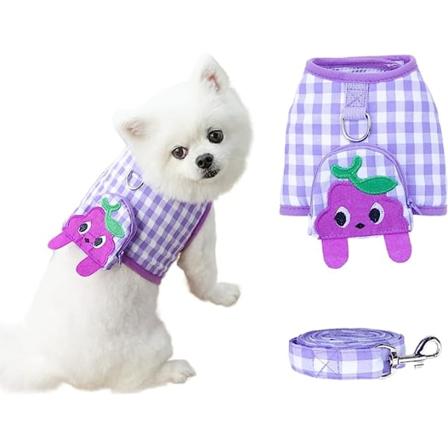 Liten hundesele og båndsett No Pull Valp Kattevest-sele med søte fruktlommer Myk netting, blekt kjæledyr-gangeledninger (lilla, XL)