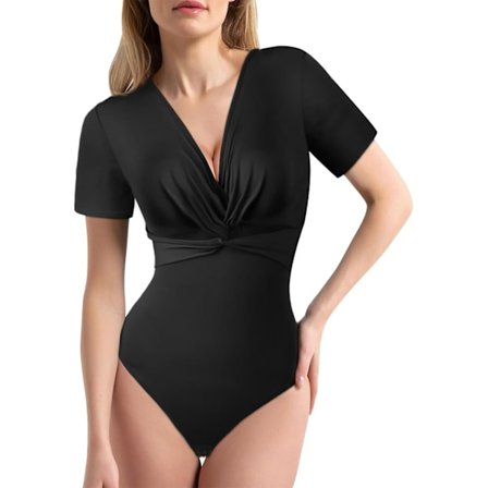 Body för kvinnor med kort ärm, body för damer, body för kvinnor med skulpterande effekt och rosett, V-ringad body, sexig body, stretchig T-shirt