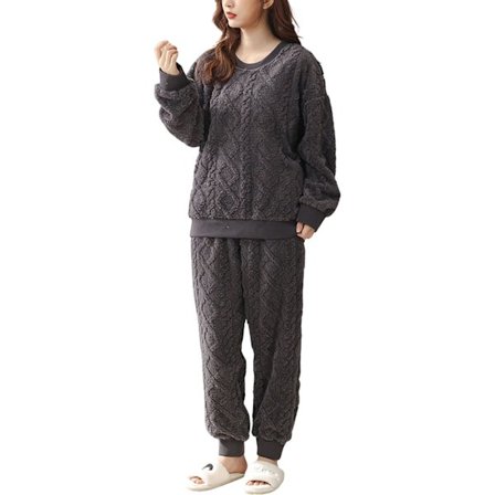 HAUFR Dame Fluffy Fleece Pysjamas Set 2 Del Varm Fleece Pyjamas Set Mykt Nattøy Langermet Crewneck Lommer Bukser -1