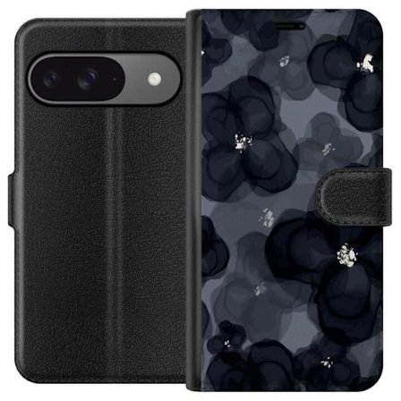 Kompatibelt Plånboksfodral till Google Google Pixel 9 Abstrakt mörkt blommönster i svartgrå toner med elegant och dramatisk känsla