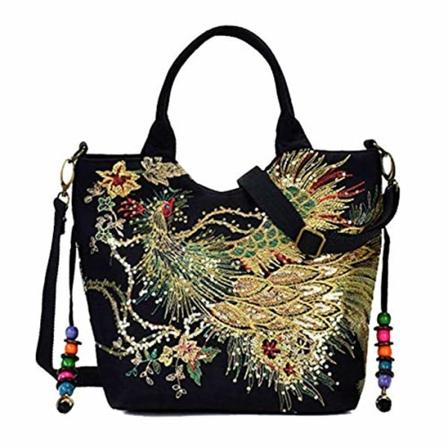 Puyang kvinner paljetter påfugl broderi etnisk håndveske crossbody veske damer lerret tote skulder veske med anheng (svart)