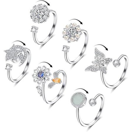 6 st Kvinnor Silver Fidget Ring för Ångest Justerbar Spinner Ringar Fidget Ångestsmycken Figet Snurrringar