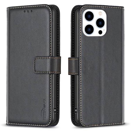 iPhone 15 Pro BINFEN COLOR Præget Flip Cover - Sort