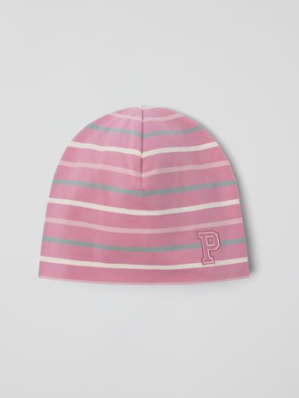 Polarn O. Pyret - Jersey beanie "P" appliqué striped - 48|50 - Childrenswear - pink