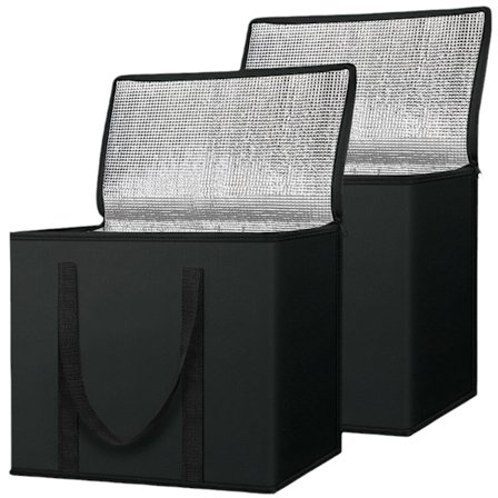 Pakke Isoleret Genanvendelig Madpose, Sammenfoldelig Køletaske til Dagligvarer, Tyk & Stor Isoleret Taske (Stor, Kulsort)