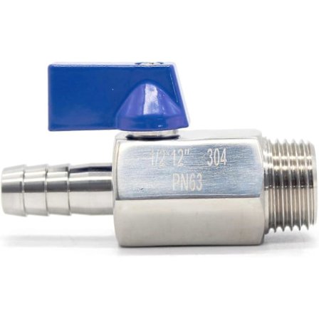 Rustfrit stål 304 Mini Kuglehane BSP Han x Slangeadapter Kuglehane Han Adapter 1/2" x12mm