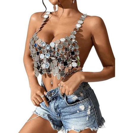 Dame Glitrende Pailletter Sølv Brystkæde BH Metallisk Halter Rygløs Cami Crop Top Bikini Udhulet y Kropstilbehør til Kvinder Rave Clubwear