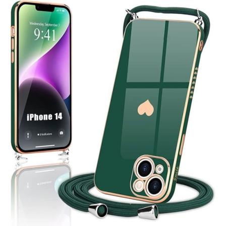 Nøglesnor til iPhone 14 Midnight Green Love-Søde stødsikkert hjertemønster Anti-ridse blødt Nattgrönt