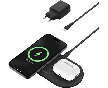 Belkin Qi2 15W 2-in-1 Wireless Charging Pad + 5W USB-C Port, Black - 2-i-1 trådlös laddare med Qi2 snabbladdning