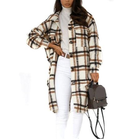 Naisten rento lämmin kevyt napitettava ruudullinen pitkähihainen takki normaali istuvuus